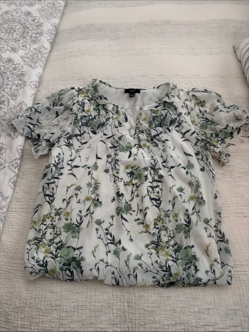 Floral Short-Sleeve Blouse - White with Green Print